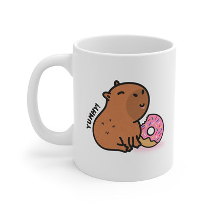 Yummy! Capy eating donut White Ceramic Mug, 11oz