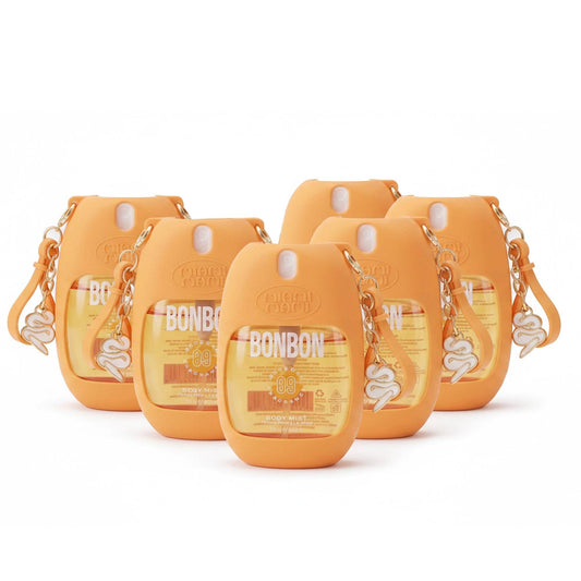 Miami Mami Fragrance Body Mist Bonbon | 1.7oz Portable Travel Spray with Orange Silicone Holder Keychain and Charm