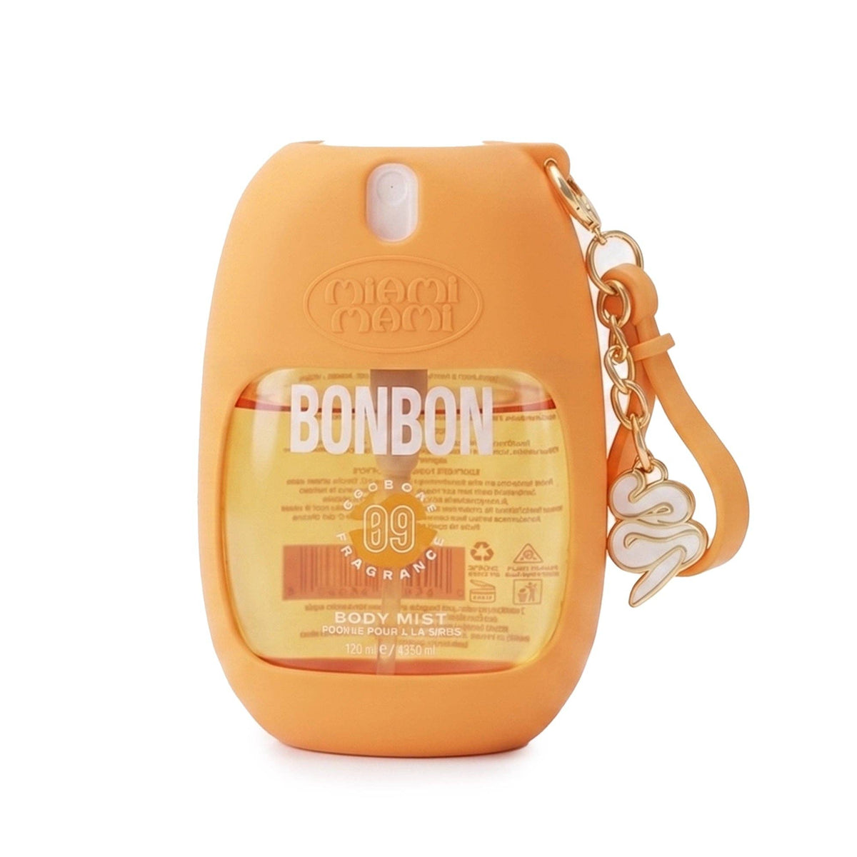 Miami Mami Fragrance Body Mist Bonbon | 1.7oz Portable Travel Spray with Orange Silicone Holder Keychain and Charm